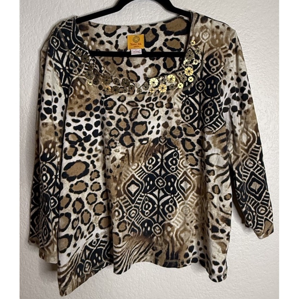 Ruby Rd Womens 1X Petite Animal Print Embellished Top Shirt 3/4 Sleeve Preppy